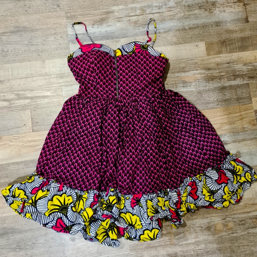 Breastfeeding Zipper Access Ruffled Spaghetti Top Dress in Ankara Print Sz 6